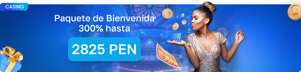 Banner de casino con paquete de bienvenida del 300% hasta 2825 PEN