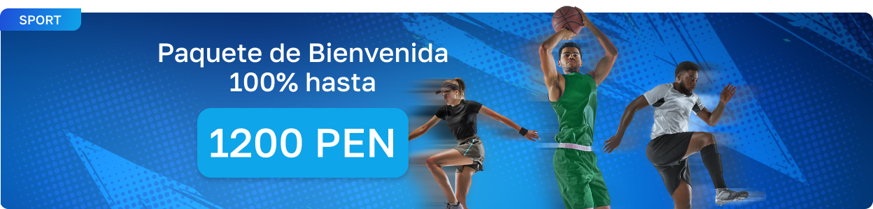 Banner deportivo con paquete de bienvenida del 100% hasta 1200 PEN